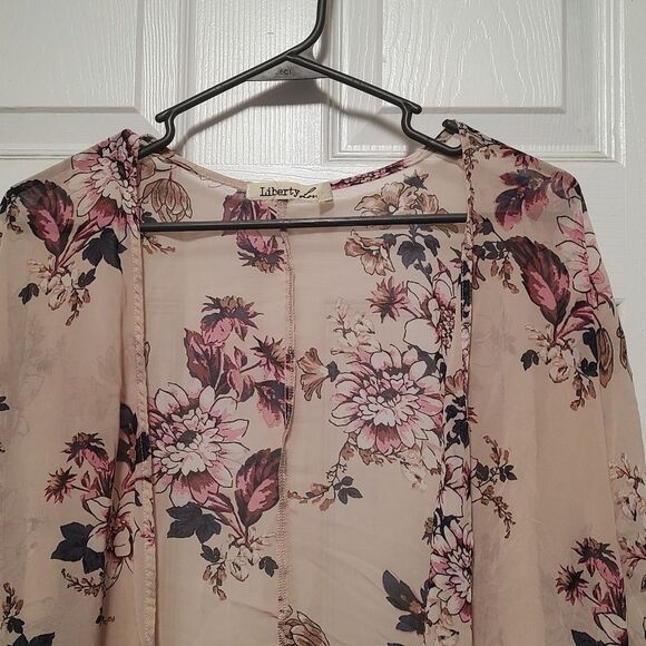 Liberty Love Women's Lightweight Open Front Pink Floral Cardigan Size Large - Picture 2 of 8
